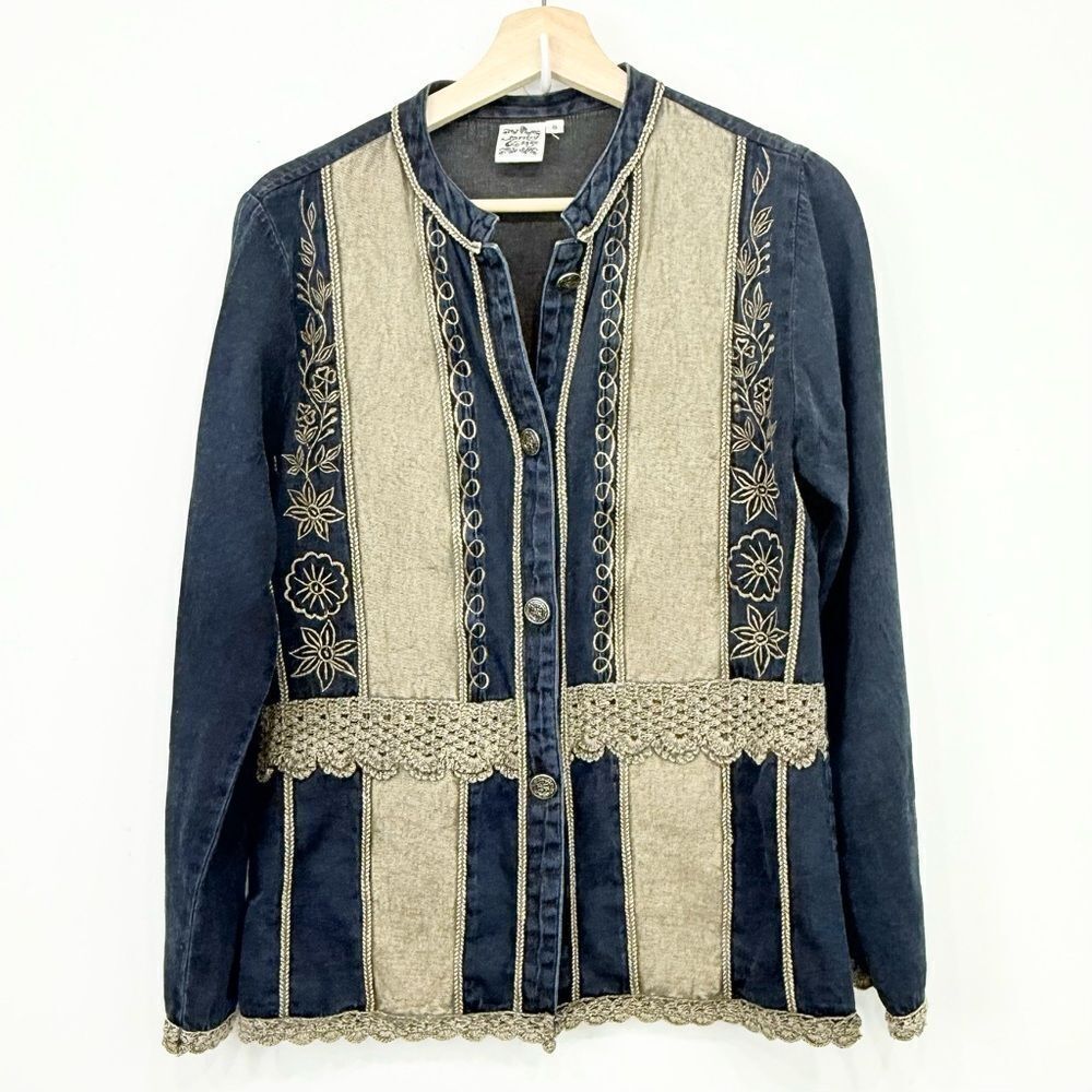 Parsley & Sage Blue Tan Cotton Denim Embroidered Lightweight Boho Jacket